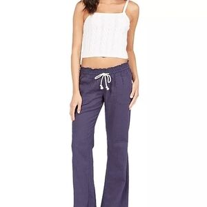 ROXY Oceanside Blue Linen Blend Low Rise Wide-Leg Pants Drawstring Pockets